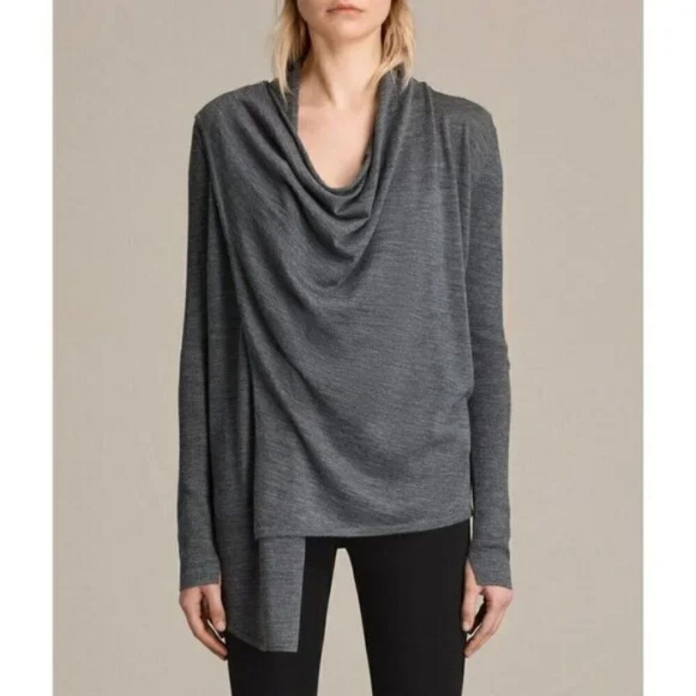All Saints Drina Grey Wool Asymmetrical Cardigan Cowl Neck Zipper Shoulder Med